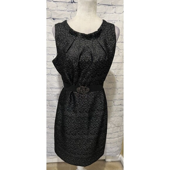 EVAN PICONE black/white shimmer pleated front belted sleeveless dress, size 16 - Picture 1 of 7